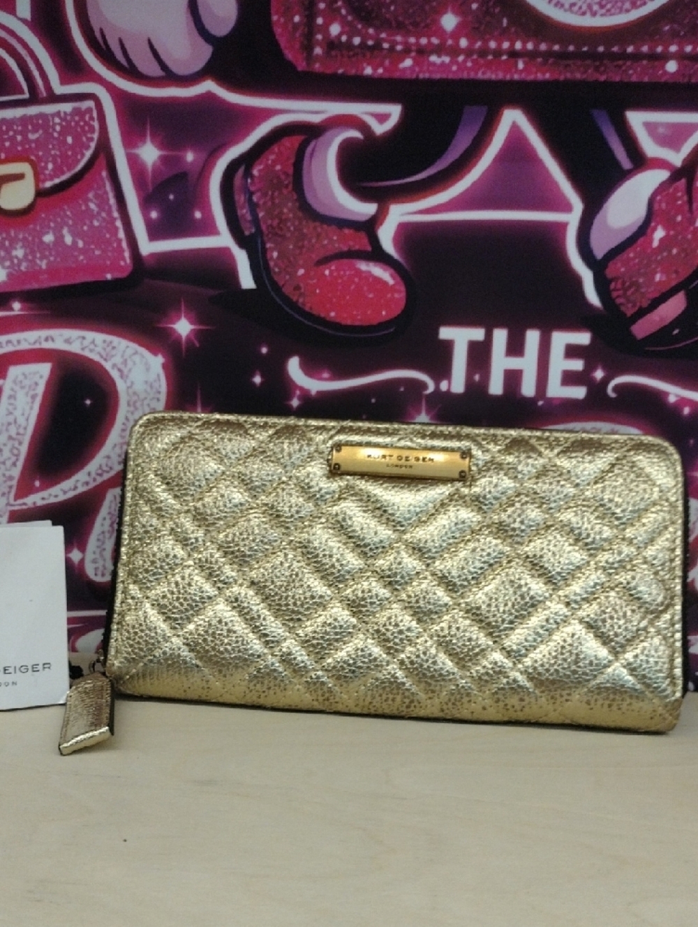 Kurt Geiger Metallic Gold Quilted Wristlet Clutch NWT $135 - Picture 6 of 8